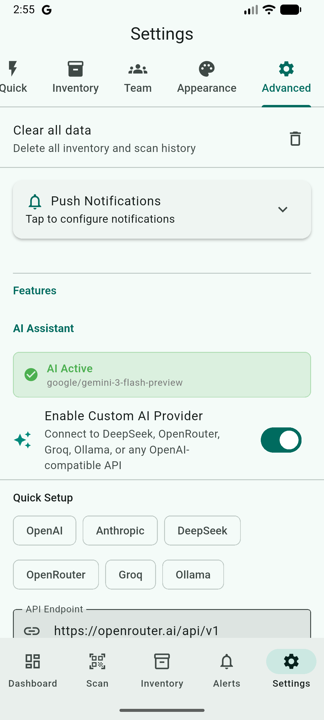 AI Assistant section in Advanced settings showing Quick Setup buttons for OpenAI, Anthropic, DeepSeek, OpenRouter, Groq, and Ollama