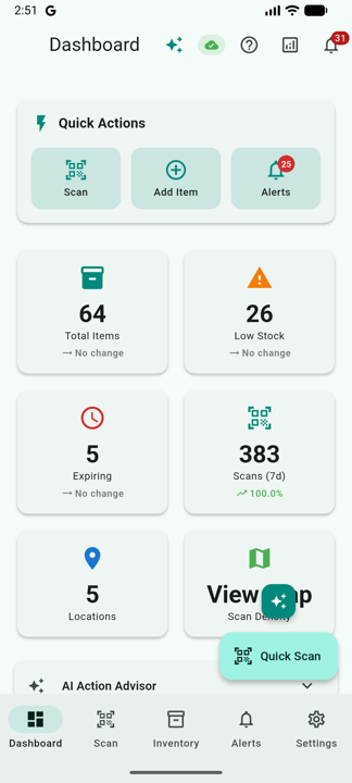 Dashboard showing total items, low stock, expiring, and recent scan counts