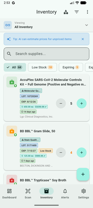 Inventory list with search bar, status filter chips, and item cards showing lot, expiration, and quantity