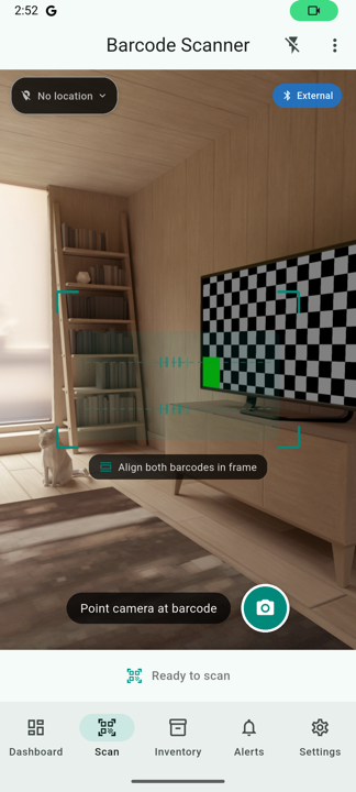 Scanner screen with camera viewfinder and reticle overlay