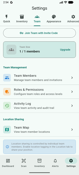 Team tab in Settings showing Join Team with Invite Code button, team size, and links to Team Members, Roles & Permissions, Activity Log, and Team Map